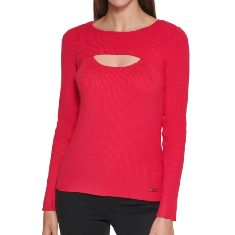 Calvin Klein Long Sleeve Cutout Sweater, Lipstick, Size: Medium